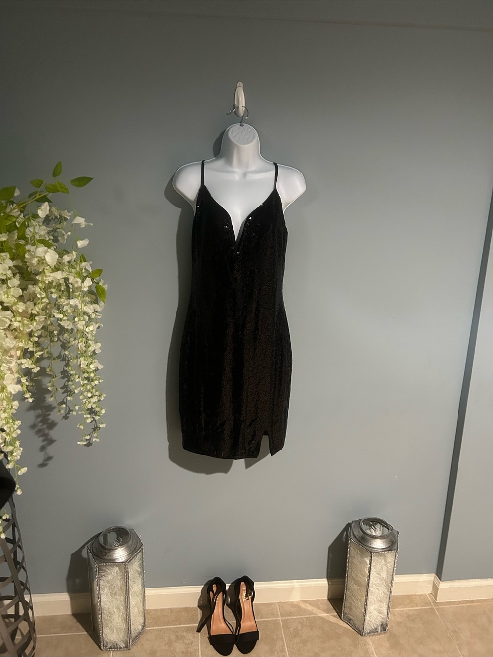 Black Sequin Spaghetti-Strap Slip Dress SZ L